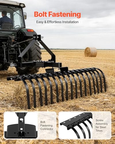 VEVOR 50 in Lanscape Rock Rake, 3-Point Tow Behind Landscape Rake with 17 Steel Tines, Fit Category 1 Tractors, Angle Adjustable, Heavy Duty Lawn Dethatcher Rake for Grass Branch Debris - style: 50" Dethatcher with 3-Point Attachments