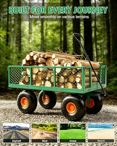 500 LBS Heavy Duty Steel Garden Cart, 3-in-1 Yard Wagon, 10" Air Tires - color: Green + Orange, size: 500LBS
