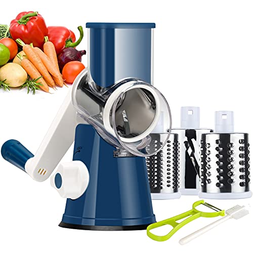 Ourokhome Rotary Cheese Grater Hand Crank, Kitchen Shredder Speed Mandolin Slicer Nut Grinder with Handle and Drum Blades for Cheese, Vegetable, Walnut, Chocolate, Potato, Carrot, 3 Blades, Dark Blue - color: C-Dark Blue, style: 3 blades