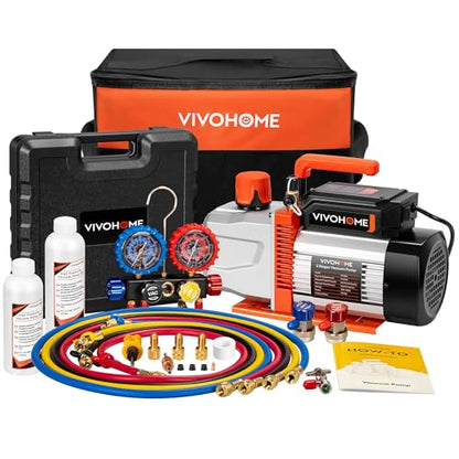 VIVOHOME VG Series 3/4 HP 7.2CFM 2 Stage AC Vacuum Pump and 4 Way Gauge Set - size: 7.2CFM