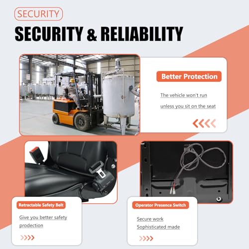 Universal Forklift Seat, Fold Down Tractor with Armrest, Retractable Safety Belt and Micro Switch for Excavator, Skid Loader, Backhoe, Dozer, Telehandler