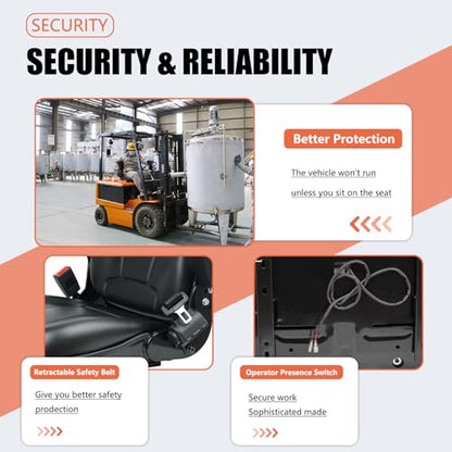 Universal Forklift Seat, Fold Down Tractor with Armrest, Retractable Safety Belt and Micro Switch for Excavator, Skid Loader, Backhoe, Dozer, Telehandler