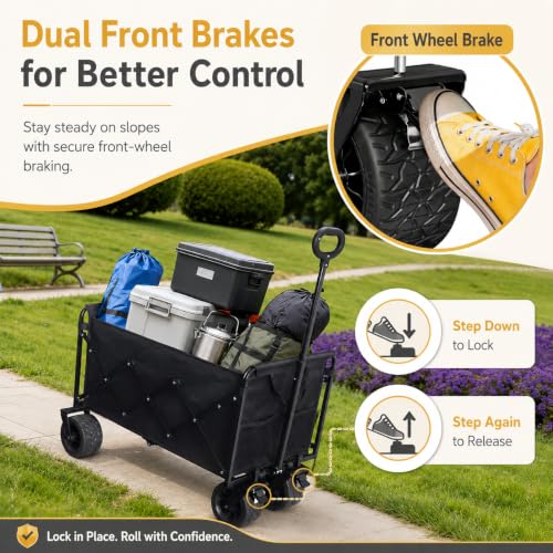 Wagons Carts Foldable Heavy Duty, 600 lb Tank Wheel Wagon with Brakes - color: Light Black