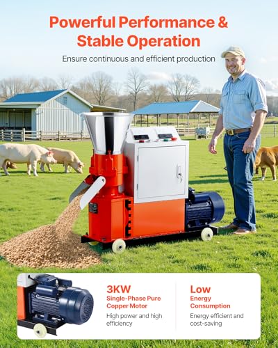 VEVOR Feed Pellet Mill Machine, 6 mm Animal Feed Pellet Making Machine, 3KW 240V Animal Food Granulator Mill Machines with 3 Pressure Rollers & 4 Wheels, Ideal for Poultry, Livestock, Farm Animals - size: 6mm (0.24") grinding disc