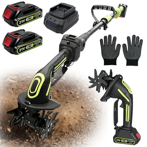 21V Cordless Tiller Cultivator,2000mAh Battery Powered Tiller, Lightweight Rototiller for Gardening,4-Inch Tilling Width and Depth,Garden Tiller Cultivator for Soil, Tending & Composting