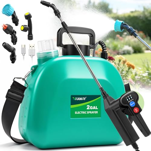 VAXMAY Battery Powered Sprayer 2 Gallon, Upgrade Electric Garden Sprayer with 3 Adjustable Speed, Battery Indicator, 4 Mist Nozzles, Rechargeable Handle, Retractable Wand, Shoulder Strap for Weed Lawn - color: Green