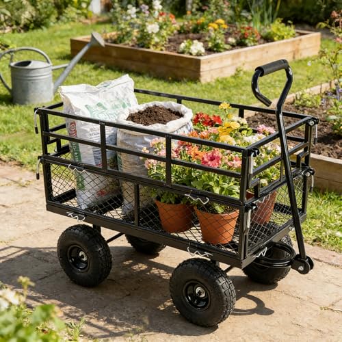Gecheer Black Double Fence Utility Wagon Cart for Garden, Farm, Yard – Heavy-Duty 600 lb Capacity with Inflatable Tires & Spacious Bed