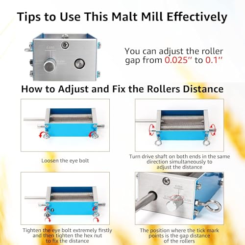 MRbrew Metal Base Malt Crusher, Homebrew Stainless Steel Adjustable 2 Bearing Roller Low Speed Electric Drill Available Brewing Beer Grain Malt Mill Wheat Barley Grinder with Manual Crank Handle | Stainless Steel Grinder Mill with Adjustable 2 Bearing Rol