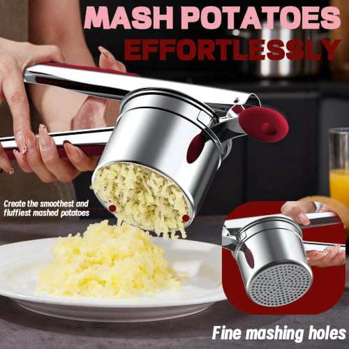 Large 15oz Potato Ricer for Mashed Potatoes, Heavy Duty 18/8 Stainless Steel Potato Masher for Baby Food & Spaetzle Maker, Masher and Ricer Kitchen Tool, Press and Mash Kitchen Gadget, Red - color: Red