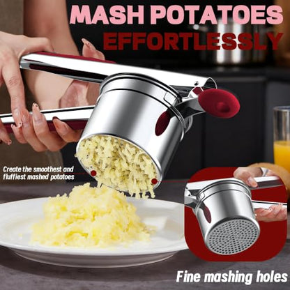 Large 15oz Potato Ricer for Mashed Potatoes, Heavy Duty 18/8 Stainless Steel Potato Masher for Baby Food & Spaetzle Maker, Masher and Ricer Kitchen Tool, Press and Mash Kitchen Gadget, Red - color: Red