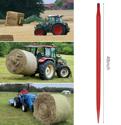 Hay Spear Replacement 49" Bale Spear, Bale Spike Quick Attach Square Hay Bale Spears 1 3/4", Red Coated Bale Forks, Hay Bale Spikes with Hex Nut & Sleeve for Tractor Bucket Loader