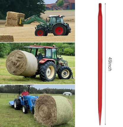 Hay Spear Replacement 49" Bale Spear, Bale Spike Quick Attach Square Hay Bale Spears 1 3/4", Red Coated Bale Forks, Hay Bale Spikes with Hex Nut & Sleeve for Tractor Bucket Loader