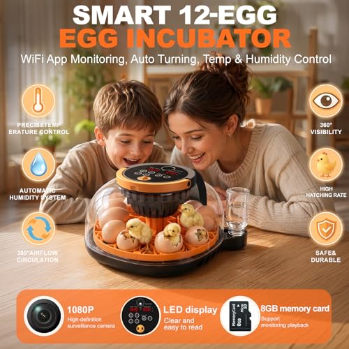 12-Egg Incubator for Hatching Chicken Eggs with WiFi Camera and Auto Turner