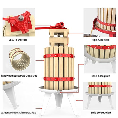 1.6 Gallon Fruit and Wine Press, Manual Cider Juice Maker with Solid Beech Wood Basket & Heavy-Duty Stand for Apples, Grapes, Berries - color: Red, size: 1.6 Gallon