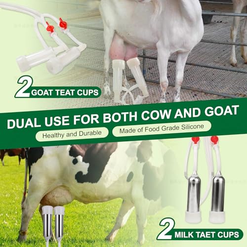Upgrade 2-in-1 Goats and Cows Milking Machine, 1.85Gal/7L Food-Grade Stainless Steel Bucket with 5200mAh Built-in Rechargeable Battery, 4 Teat Cups, Cordless Pulsation Vaccum Electric Milking Machine - size: 7L