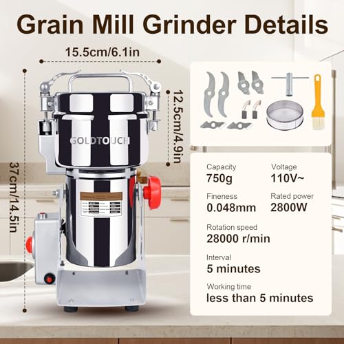 Goldtouch 750g High-Speed Electric Grain Mill Grinder, 2800W 110V Stainless Steel Flour Mill Makes Gluten Free Flours, Grain Mill for Home and Commercial Use - size: 750g