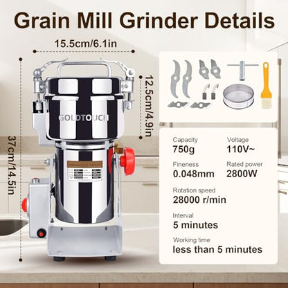Goldtouch 750g High-Speed Electric Grain Mill Grinder, 2800W 110V Stainless Steel Flour Mill Makes Gluten Free Flours, Grain Mill for Home and Commercial Use - size: 750g