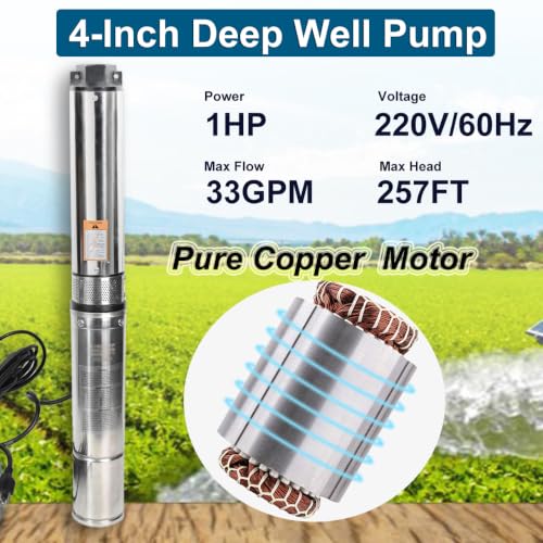 Submersible Well Pump, 1HP 220V Deep Well Pump, 37 GPM 257FT Lift,4"OD - size: 4"-1HP-220V