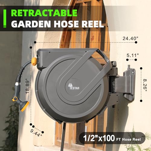 Retractable Garden Hose Reel 1/2 in x100 ft, Wall Mounted Hose Reel - size: 1/2"x100 ft