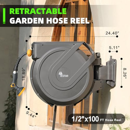 Retractable Garden Hose Reel 1/2 in x100 ft, Wall Mounted Hose Reel - size: 1/2"x100 ft