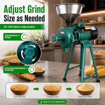 Commercial Electric Grain Grinder 3000W, High-Speed Grain Mill, Heavy-Duty Molino Para Moler Maiz, Suitable For Corn, Wheat, Spices, Red Beans, Rice, Dry Grains, Ideal For Farm, Home, Restaurant