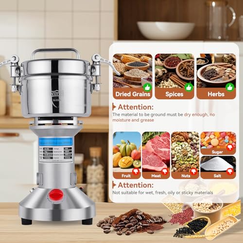Electric Grain Mill Grinder, 2000W High-Speed 750g 304 Stainless Steel Professional grain mill for flour & Spice Grinder for Kitchen and Coffee Shop - Grinds Grains, Coffee, Dry Spices, Easy Operation - size: 750G