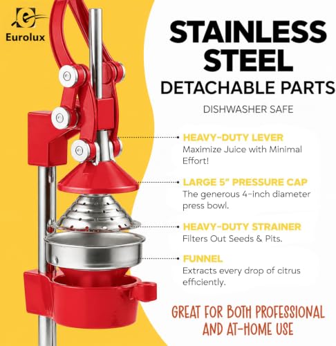Eurolux Ultra-Premium Cast Iron Juicer | Extra-Large, Heavy Duty, Commercial Grade, Stainless Steel Manual Hand Press Citrus Squeezer For Fresh Orange Juice, Pomegranate, Lemon, and Much More (Red) - color: Red