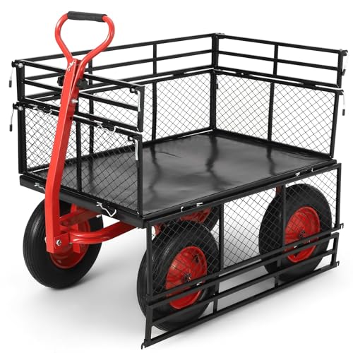 Heavy-Duty Garden Utility Cart, 1400 Lb Load Capacity Wagon with Removable Mesh Sides, 10-Inch Wheels and Swivel Handle for Outdoor Use