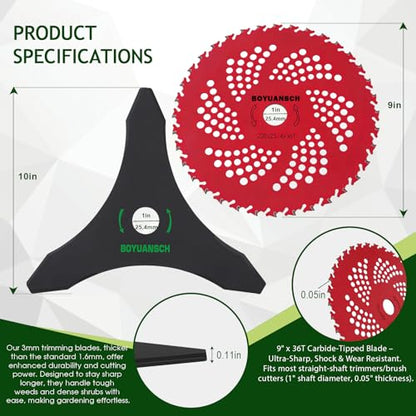 9" x 36 Teeth Carbide Tipped Brush Cutter Blades & 10" x 3 Teeth Weed Eater Blades - size: 10"+9" Combo Pack