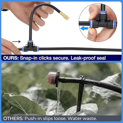 60FT Drip Irrigation Kit, 6mm Hose with Dual Outlet Splitter with Independent Valves & 15 360° Adjustable Brass Nozzles & 18 Snap-On Tees, DIY Automatic Watering for Greenhouse, Raised Beds, Garden - size: 60FT+15 Nozzles