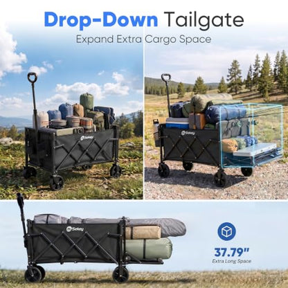Sekey Collapsible Wagon Cart with Drop-Down Tailgate, 300 lb Capacity - color: Black