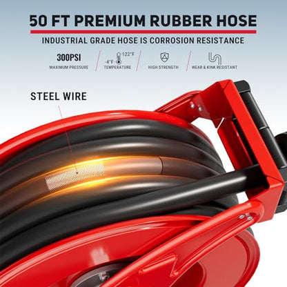Fuel Hose Reel 3/4" x 50FT, Retractable Diesel Reel with Nozzle - color: Red, size: 3/4 inch 50FT