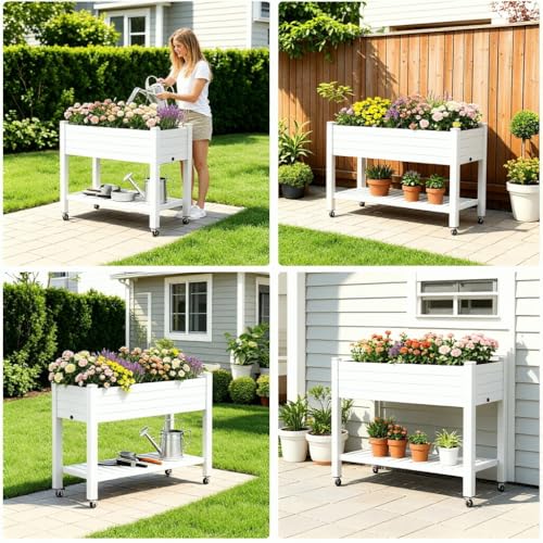 Raised Garden Bed with Shelf, Rolling Resin Planter Box, Ashen - color: Ashen, size: 33.7" H