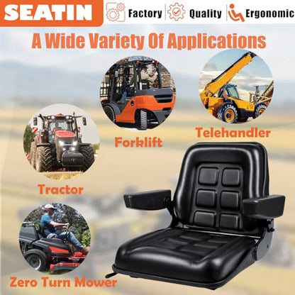 SEATIN Universal Forklift Seat with Adjustable Mounting Holes, Armrests & Micro Switch – Foldable Tractor Seat for Mowers,Skid Steer Loaders,Backhoe,Telehandler (with armrest)
