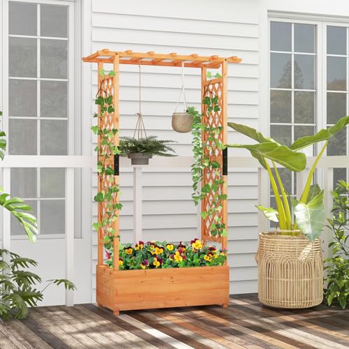 LDAILY Raised Garden Bed with Trellis, Above Ground Garden Bed with Hanging Roof, Side Trellis, & 4 Drainage Holes, Planter Box for Outdoor Climbing Plants Vines Flowers (1, 43.5"L x 17.5"W x 72"H) - size: 43.5" L x 17.5" W x 72" H