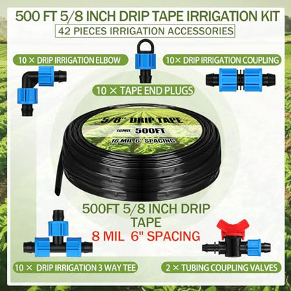 Tondiamo 500 ft 5/8 Inch Drip Tape Irrigation Tubing Kit 8 Mil 6" Spacing Hose Garden Landscape Irrigation System Automatic Equipment for Farms