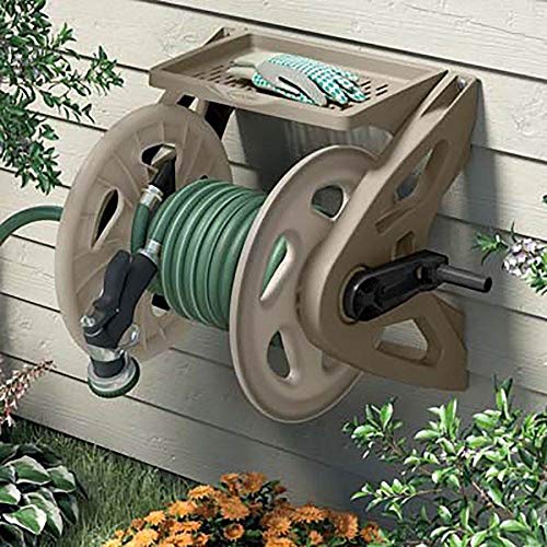 Suncast Handler Durable Hard Plastic Wall Mounted Outdoor Retractable Garden Hose Reel with Storage Tray and 200 Feet Hose Capacity, Taupe