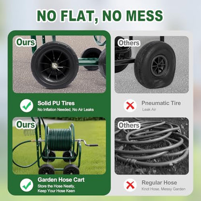 VINGLI 300FT 5/8in Garden Hose Reel Cart, 4-Wheel Portable Residential Hose Reel Cart, Hose Guide System with Storage Basket, Rust Resistant, for Family Yard, Garden and Farm (Green) - color: Green