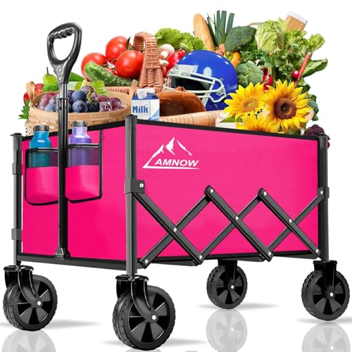 AMNOW 100L Collapsible Wagon Cart with All Terrain Wheels, 350LBS, Rose - color: Rose-3