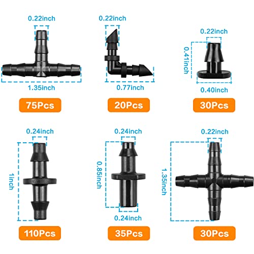 300 Pcs Barbed Connectors Irrigation Fittings Kit, Drip Irrigation Fittings 1/4” Tubing Connectors for Drip or Sprinkler Systems-Couplings, Single Barbs, End Plugs, Elbows, Tees, 4-Way Coupler - size: 300P-Irrigation Fittings Set