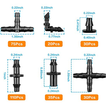 300 Pcs Barbed Connectors Irrigation Fittings Kit, Drip Irrigation Fittings 1/4” Tubing Connectors for Drip or Sprinkler Systems-Couplings, Single Barbs, End Plugs, Elbows, Tees, 4-Way Coupler - size: 300P-Irrigation Fittings Set
