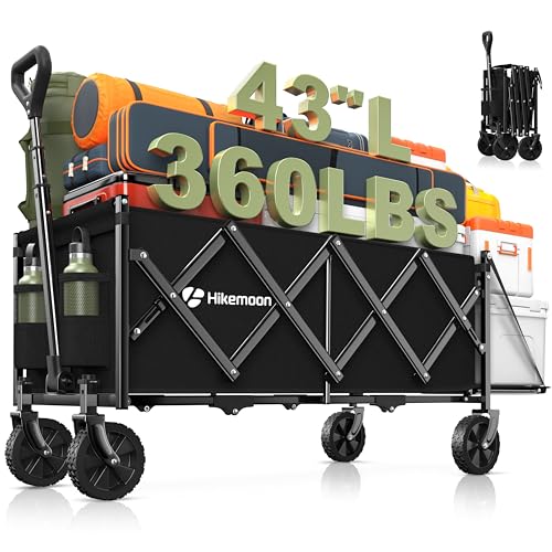 HIKEMOON 43'' Extra Long Folding Wagon with Extended Tailgate, Black - color: Black