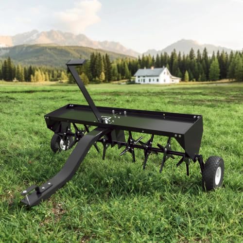 MOUMON 48.5” Tow Behind Lawn Aerator, Tow Behind Plug Aerator with 32 Tines