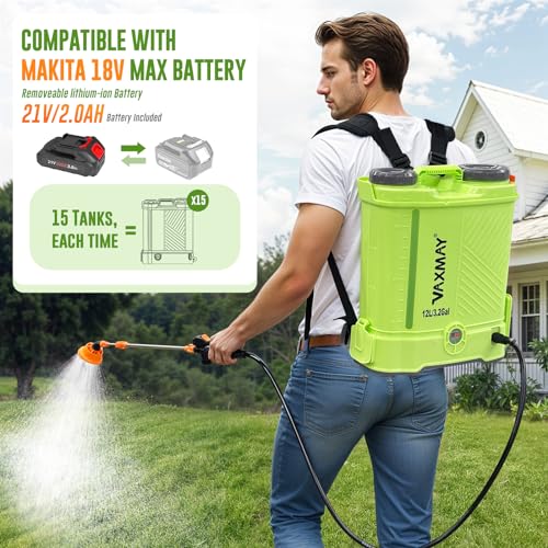 Battery Powered Backpack Sprayer 3.2 Gallon, VAXMAY 80 PSI Electric Garden Sprayer Works with Makita 18V Battery, Weed Lawn Sprayer with Telescopic Wand, 5 Nozzles, 2.0 Ah Battery & Charger Included - size: 3.2 Gallon