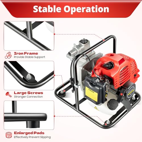 Gas Gasoline Water Pump, 43CC 2HP 7000rmp 2-Stroke Industrial Water Pump Air-Cooled Gasoline High Pressure Pump for Irrigation Pool, Landscaping or Gardening Irrigation