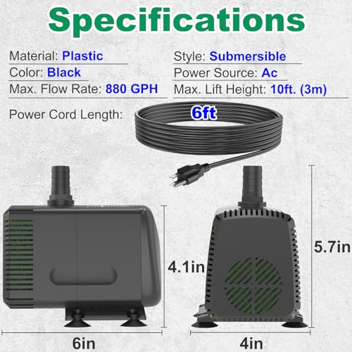 Knifel Submersible Water Pump 880GPH Pond Pump for Fountains - size: 880GPH Fixed flow