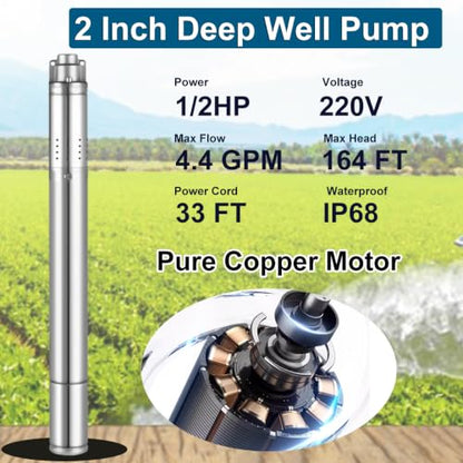 2" Deep Well Submersible Pump, 1/2 HP 220V Deep Well Pump with 33FT Cord - size: 2"-220V
