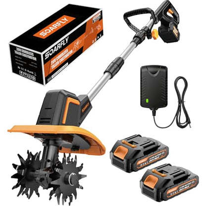SOARFLY Cordless Tiller Cultivator for Gardening, 9" Width 6.6" Depth - size: 2.0AH Battery