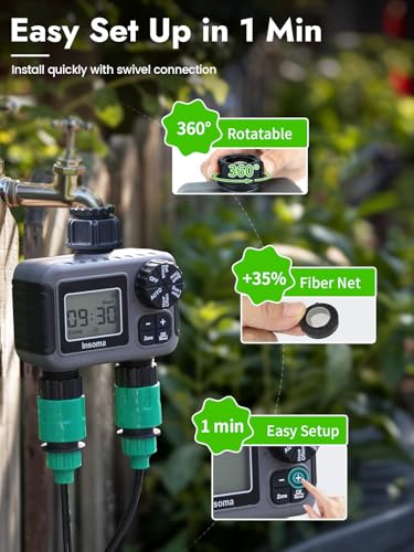 Insoma 2-Zone Sprinkler Timer, Programmable Garden Hose Timer with Auto/Manual/Rain Delay Modes | Water-Saving Irrigation Controller for Lawn, Yard & Drip Systems | Waterproof Design & Easy Setup - size: 2 Zone-Plastic