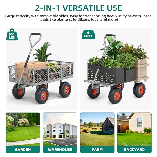 Heavy Duty Garden Cart, 900 lb Steel Wagon with All Terrain Tires - color: 900lb|gray&orange